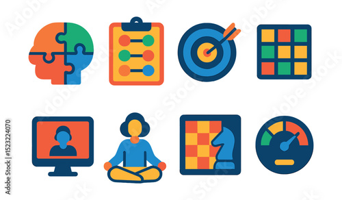 Flat vector icons of mental and cognitive training: brain puzzle icon, memory exercise board, focus improvement badge, logic grid chart, mindfulness session screen, concentration timer, chessboard