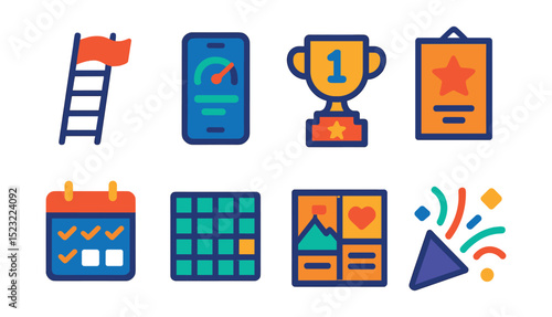 Flat vector icons of motivation and goal tracking in training: personal goal ladder, progress tracker app, fitness milestone trophy, motivational poster icon, training streak calendar, habit tracker