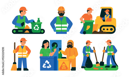 Flat vector icons of recycling and sanitation labor: waste sorter on conveyor, recycling center worker, compost handler with bin, landfill operator with bulldozer, sanitation worker with broom,