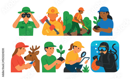 Flat vector icons of environmental and conservation labor: park ranger with binoculars, forest firefighter with axe, trail maintenance crew, habitat restoration worker, wildlife tagger, conservation