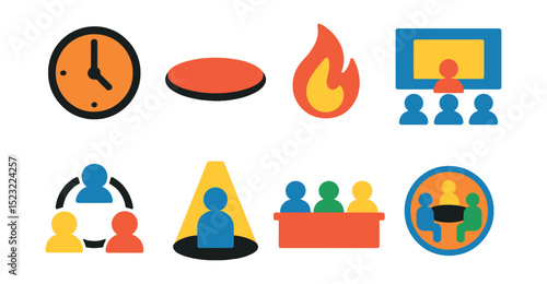 Flat vector icons of presentation styles: PechaKucha clock icon, TED talk rug, Ignite format flame, lecture-style screen, workshop circle icon, keynote spotlight, panel discussion icon, roundtable