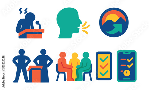 Flat vector icons of speech anxiety and overcoming fear: nervous speaker silhouette, deep breath technique, positive mindset badge, visualization method icon, power pose before talk, peer support