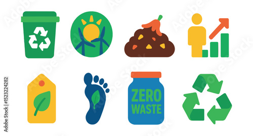 Flat vector icons of sustainability practices: recycling bin symbol, renewable energy badge, compost heap icon, sustainable lifestyle chart, eco label tag, low impact footprint, zero waste jar,