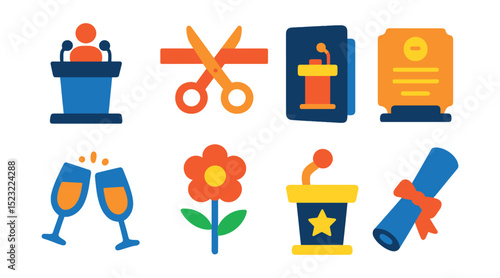 Flat vector icons of ceremonial and formal speaking: award speech stage, ribbon-cutting scissors, inauguration speech folder, commemorative plaque icon, retirement toast symbol, memorial speech