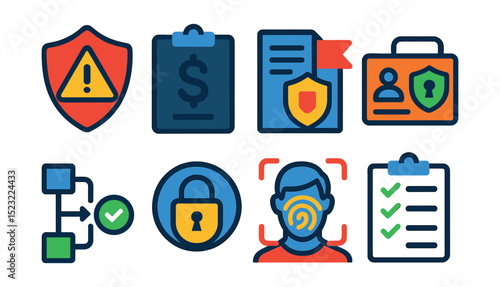 Flat vector icons of insurance fraud and protection: fraud alert shield, suspicious claim icon, red flag policy, identity theft protection, verification process chart, secure transaction badge,