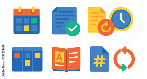 Flat vector icons of content creation workflow: content calendar layout, draft approval checkmark, post revision icon, publish schedule clock, task collaboration board, brand style guide, hashtag