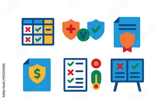 Flat vector icons of insurance comparison and choice: plan comparison chart, side-by-side coverage icon, best option badge, review stars file, insurance quote sheet, multi-policy selector, evaluate
