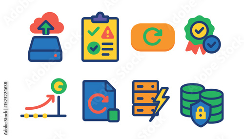 Flat vector icons of backup and disaster recovery: off-site backup drive, disaster recovery plan icon, restore data button, backup verification badge, recovery timeline chart, incremental backup file