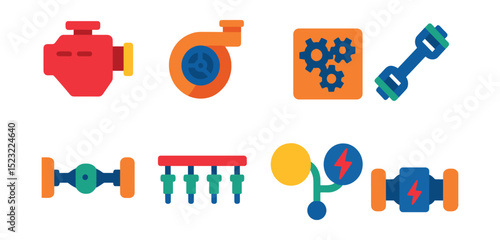 Flat vector icons of automotive tools and workshop gear: pneumatic impact wrench, vehicle lift platform, oil catch tank, engine hoist crane, brake bleeder kit, spark plug socket tool, torque angle