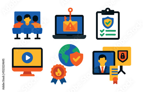 Flat vector icons of cybersecurity training: employee awareness workshop, phishing simulation test, security best practices checklist, e-learning course screen, safe browsing icon, threat recognition