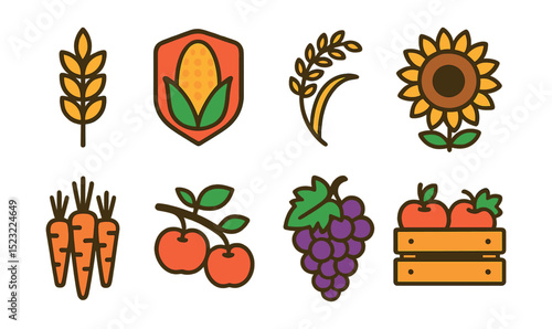 Flat vector icons of crops and harvesting: wheat stalk icon, corn cob badge, rice panicle, sunflower head, carrot bundle, apple tree branch, grapevine cluster, vegetable crate.