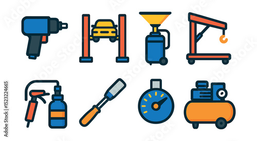 Flat vector icons of automotive tools and workshop gear: pneumatic impact wrench, vehicle lift platform, oil catch tank, engine hoist crane, brake bleeder kit, spark plug socket tool, torque angle