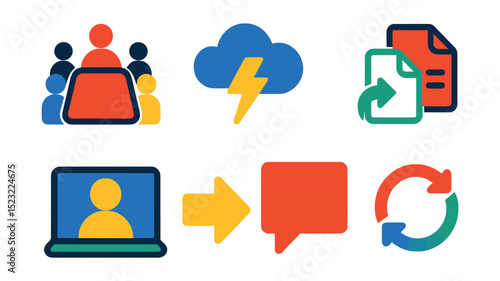 Flat vector icons of workplace collaboration: team meeting table, brainstorming cloud icon, chat bubble with dots, shared document icon, video conference screen, handoff arrow, comment tag badge,