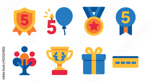 Flat vector icons of milestone and service awards: 5-year service badge, anniversary celebration icon, loyalty medal, service pin with number, team tenure tree, long-term contribution trophy,