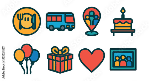 Flat vector icons of workplace celebration and morale boost: company lunch badge, employee retreat bus, team outing pin, birthday cake on desk, office celebration balloons, surprise gift box icon,