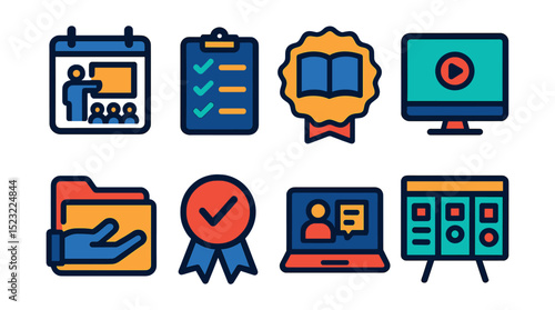 Flat vector icons of training and knowledge transfer workflow: training session calendar, skills checklist icon, learning module badge, tutorial video screen, knowledge handoff folder, certification