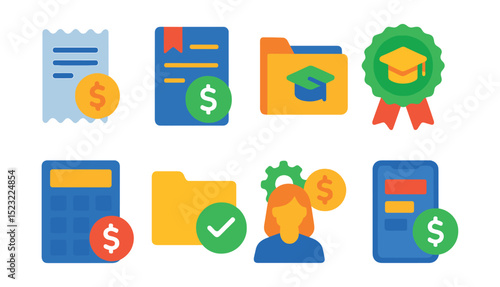 Flat vector icons of financial aid and student finance: tuition payment receipt, financial aid form, student loan file, scholarship award badge, tuition calculator icon, grant approval folder,