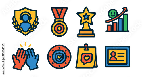 Flat vector icons of customer-facing role rewards: top service rep badge, sales target medal, support star trophy, customer satisfaction chart, loyalty builder icon, frontline hero sticker, feedback