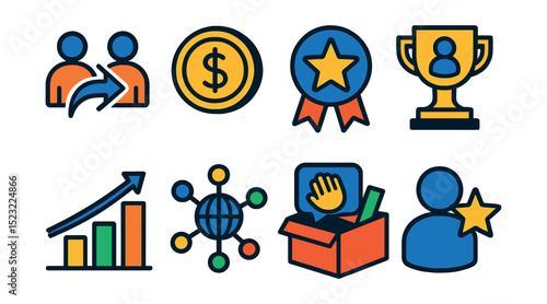 Flat vector icons of referral and recruitment rewards: employee referral icon, recruitment bonus coin, talent scout badge, successful hire trophy, hiring milestone chart, referral network web,