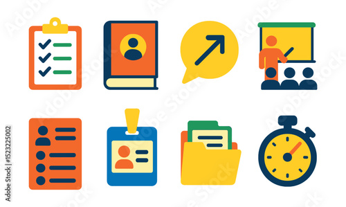 Flat vector icons of instructor tools and materials: coaching clipboard icon, training manual book, motivational speech bubble, demo station setup, group attendance sheet, name badge lanyard, lesson