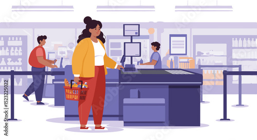  Woman at checkout with basket in grocery store for retail and consumer lifestyle visuals
