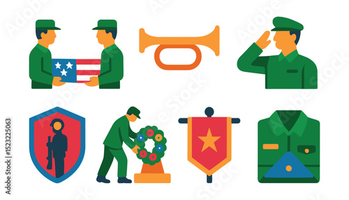 Flat vector icons of military ceremonies and traditions: flag folding icon, bugle call, saluting soldier, wreath-laying ceremony, honor guard badge, memorial monument, unit banner, folded uniform