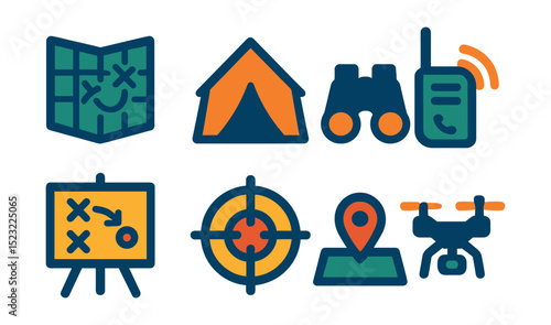 Flat vector icons of military strategy and operations: map with grid icon, command post tent, binoculars symbol, walkie-talkie call, mission briefing board, target lock scope, GPS coordinate dot,