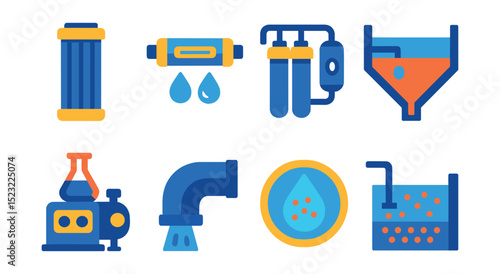 Flat vector icons of water treatment and purification: water filter cartridge icon, UV disinfection chamber, reverse osmosis system, sedimentation tank diagram, chemical dosing pump, clean water