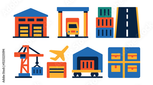 Flat vector icons of logistics infrastructure: distribution center building, cargo terminal gate, shipping yard with containers, highway logistics route, port crane icon, air cargo facility, train
