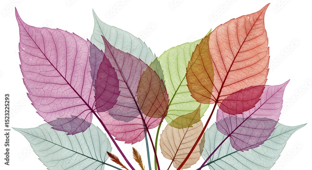 Fototapeta premium Translucent Skeleton Leaves in Pastel Colors: Delicate Foliage Arrangement on White