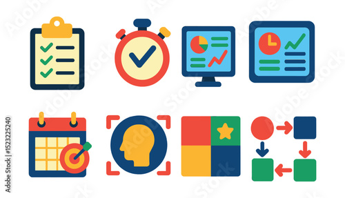 Flat vector icons of productivity tools: checklist clipboard, stopwatch with checkmark, productivity dashboard, time tracking app, goal-setting calendar, focus mode icon, priority matrix, efficient