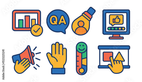 Flat vector icons of audience engagement techniques: audience poll icon, Q&A session badge, storytelling spotlight, live feedback screen, applause sound icon, raised hand symbol, laughter reaction