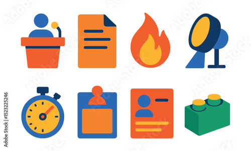 Flat vector icons of speech types and formats: persuasive speech podium, informative speech file, motivational speech flame, storytelling spotlight, elevator pitch clock, welcome speech card,