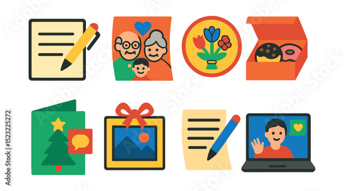 Flat vector icons of holiday thank-you traditions: handwritten note icon, drawing for grandparents, bouquet delivery badge, baked treat box, message in holiday card, framed photo gift, shared memory