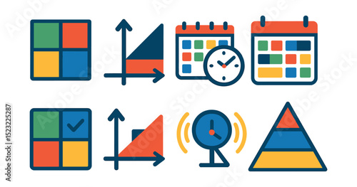 Flat vector icons of time management strategies: Eisenhower matrix, urgent vs important chart, weekly time audit, time boxing schedule, productivity quadrant icon, time value chart, focus hours
