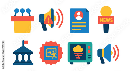 Flat vector icons of crisis communication and emergency speaking: press conference podium, emergency alert speaker, official statement file, breaking news microphone, government briefing symbol,