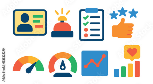 Flat vector icons of speaker evaluation and metrics: speech scorecard icon, timer buzzer, evaluation criteria list, peer review stars, impact rating scale, clarity meter gauge, fluency graph,