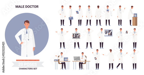 Doctor male character poses infographic vector illustration set. Cartoon man doctor sitting and thinking, standing, holding patient xray image, working postures of hospital worker isolated on white