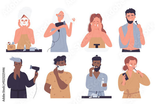 Morning daily routine, bath time vector illustration set. Cartoon man woman characters clean teeth, do beauty procedures, shaving. Everyday life hygiene activity in home bathroom isolated on white