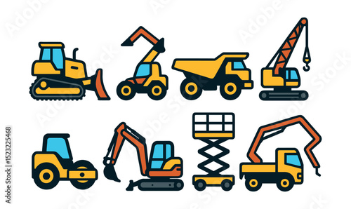 Flat vector icons of heavy machinery on site: tracked dozer push blade, telescopic handler boom, articulated dump truck, crawler crane on pad, compact roller machine, trenching excavator arm, scissor