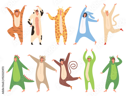 People at pajama party celebration vector illustration. Cartoon happy characters wearing funny animal costume, celebrating, jumping, having fun in Halloween or Christmas pajama party isolated on white
