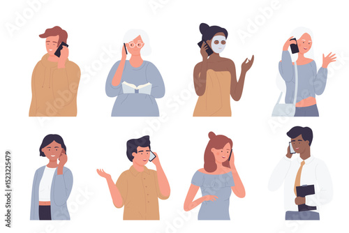 People talk by phone vector illustration set. Cartoon happy man woman characters standing during calls, holding smartphone and talking, person communicating, communication collection isolated on white
