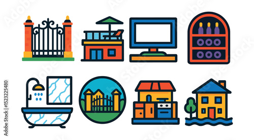 Flat vector icons of luxury real estate: luxury estate gate, private rooftop terrace, home theater screen, wine cellar icon, marble bathroom symbol, gated community badge, designer kitchen setup,