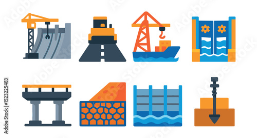 Flat vector icons of large infrastructure construction: dam wall construction, airport runway paver, seaport dock crane, canal lock gate icon, elevated highway deck, retaining wall mesh, flood