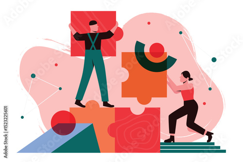 People build business process concept vector illustration. Cartoon partner characters team working together, holding puzzle pieces, building new achievements. Business partnership teamwork background
