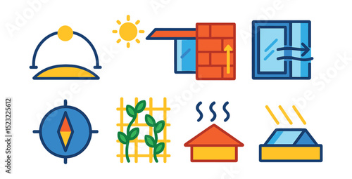 Flat vector icons of passive design strategies: sun path diagram icon, overhang shading panel, thermal mass wall, cross-ventilation arrows, window orientation compass, green facade vine trellis,