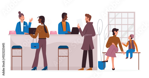 Bank office working with clients, banking service vector illustration. Cartoon customer characters visit professional bank consultant or finance manager for consulting in financial problems background