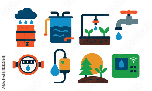 Flat vector icons of water conservation and management: rainwater harvesting barrel, greywater recycling tank, drip irrigation system, low-flow faucet, water meter reading, leak detection sensor,