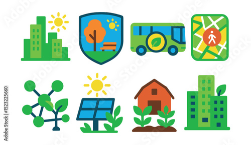 Flat vector icons of sustainable urban development: green city skyline, urban park badge, eco-friendly public transit, pedestrian zone map, green infrastructure network, community solar garden, urban