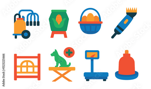 Flat vector icons of livestock and dairy farming: milking machine icon, cattle feed bin, egg collection basket, sheep shearing clipper, calf pen gate, veterinary check table, livestock scale, poultry